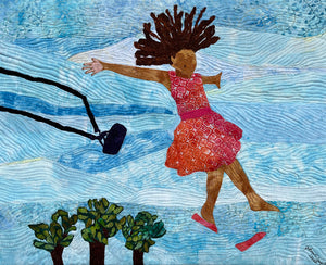 Learning to Fly is a quilted art piece showing a light brown girl in a pink and orange dress jumping off of a purple swing against a blue sky. She appears to be soring above the trees, and she is losing her shoe.