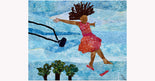 Art quilt of a brown little girl in an orange and pink dress jumping off of a swing against a blue sky